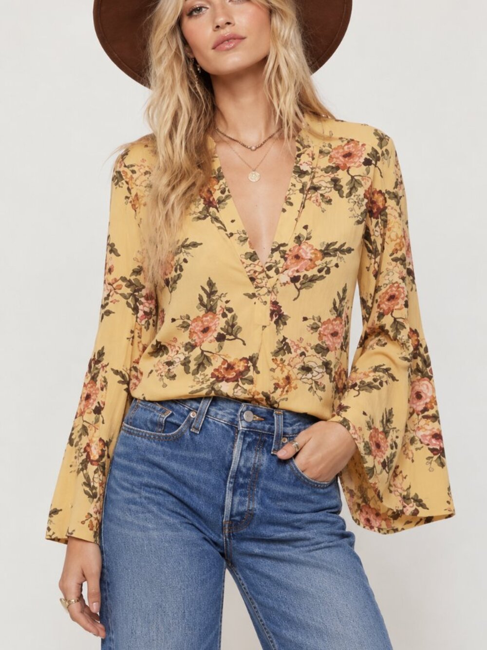 Vintage Free People Easy Girl Tunic Top Small Yellow Floral Swing Oversized Boho